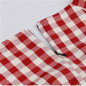 Vintage Elegant Red Plaid Short Sleeve Round Neck High Waist Zipper Midi Dress N23148
