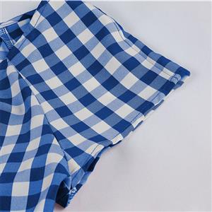 Vintage Elegant Blue Plaid Short Sleeve Round Neck High Waist Zipper Midi Dress N23149