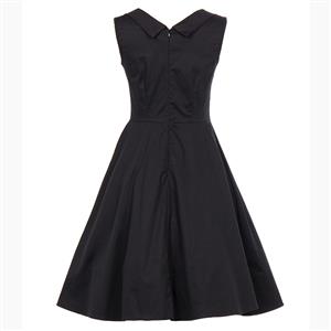 Vintage Women Black Pleated Sweetheart Neckline Sleeveless Midi A-Line Dress N18131
