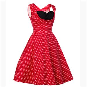 Vintage Red Polka Dot Printed Pleated Sweetheart Neckline Midi Swing Dress N18132