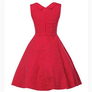 Vintage Red Polka Dot Printed Pleated Sweetheart Neckline Midi Swing Dress N18132