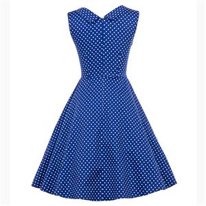 Vintage Blue Polka Dot Printed Pleated Sweetheart Neckline Midi Swing Dress N18133