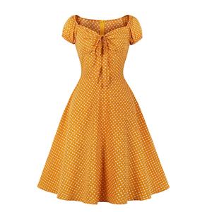Fashion Polka Dots Print Sweetheart Drawstring Lace-up Short Sleeve High Waist Midi Dress N22256