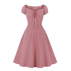 Fashion Polka Dots Print Sweetheart Drawstring Lace-up Short Sleeve High Waist Midi Dress N22257