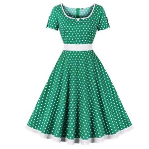 Green Print Square Neck White Wave Point Short Sleeve High Waist Swing Dress N23023