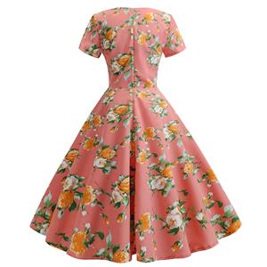 Vintage Floral Print Pleated Sweetheart Neckline Short Sleeves Summer Day Dress N18831