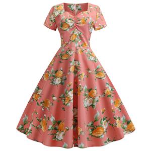 Vintage Floral Print Pleated Sweetheart Neckline Short Sleeves Summer Day Dress N18831