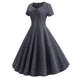 Vintage Floral Print Pleated Sweetheart Neckline Short Sleeves Summer Day Dress N18833