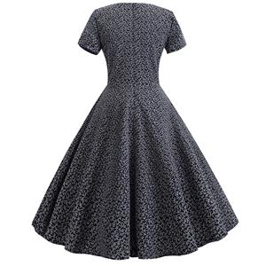 Vintage Floral Print Pleated Sweetheart Neckline Short Sleeves Summer Day Dress N18833