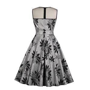 Elegant Silver Floral Pattern See-through Bodice Sleeveless High Waist A-line Dress N18865