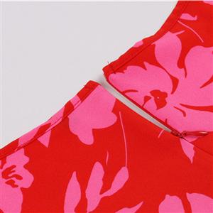 Vintage Elegant Red Printed Short Sleeve Round Neck High Waist Zipper Midi Dress N23155