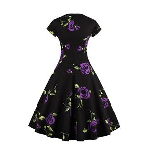 Vintage Black Short Sleeves Floral Print Rockabilly Ball Cocktail Party Casual Swing Dress N11641