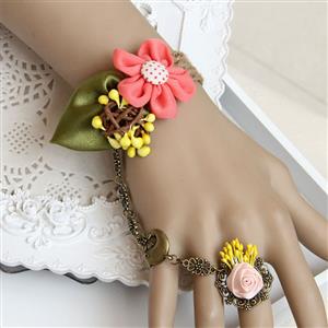 Vintage Rattan Wristband Flower Bracelet with Red Rose Ring J18027