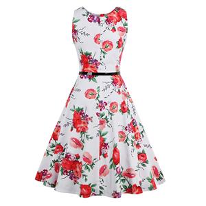 Elegant 1950's Vintage Floral Print Sleeveless Casual Cocktail Party Swing Dress N11508