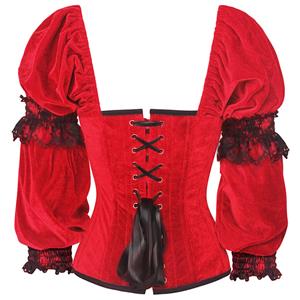 Women's Vintage Red Velvet Long Sleeve Boned Outerwear Corset Christmas Costume N15268