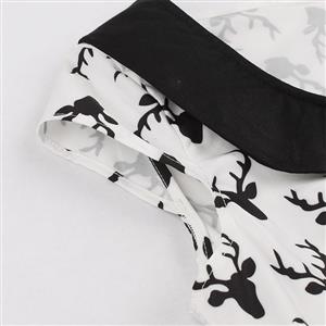Vintage Black and White Reindeer Print Lapel Short Sleeves High Waist Midi Dress N18647