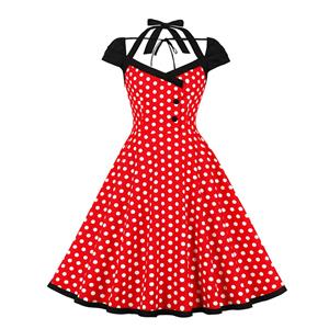 Vintage Sweetheart Round Dot Lace-up Short Sleeve High Waist Midi Dress N22774