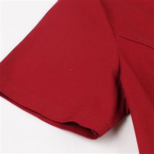 Women's Red Vintage Round Neck Short Sleeve Color-block Patchwork Swing Dress N15423