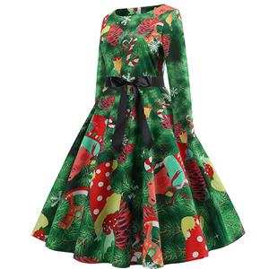 Vintage Round Neckline Christmas Tree Pattern Print Long Sleeves High Waist Evening Dress N18567