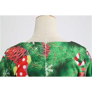 Vintage Round Neckline Christmas Tree Pattern Print Long Sleeves High Waist Evening Dress N18567