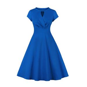 Vintage Round Neckline Front Cut-out Short Sleeve Solid Color High Waist Cocktail Midi Dress N21702