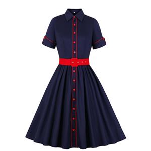 Vintage Navy-blue Turn-down Collar Short Sleeve Front Button Party Contrast Color Dress N21337