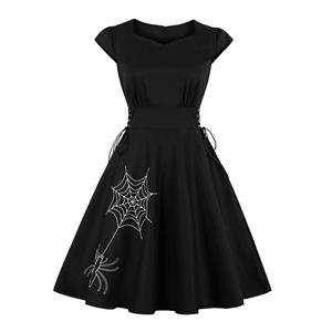 Gothic Black Spider Embroidered Side Lace-up High Waist Midi Dress N19241