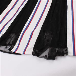 Fashion Vintage Square Neck Stripe Mesh Splicing Sleeveless Pinup Day Dress N17228