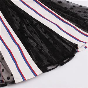 Fashion Vintage Square Neck Stripe Mesh Splicing Sleeveless Pinup Day Dress N17228