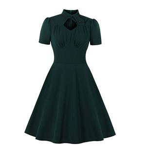 Vintage Solid Color Stand Collar Short Sleeve High Waist A-line Midi Dress N19940