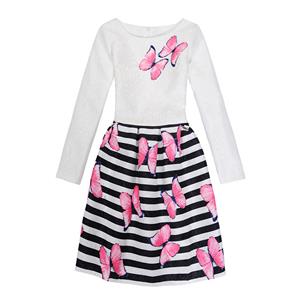 Girl's Vintage Stripe Pink Butterfly Print Long Sleeve Round Collar A-Line Dress N15524
