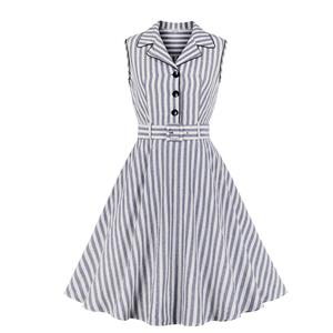 Vintage Striped Lapel Sleeveless Frock High Waist Party Midi Dress with Belt N19061