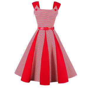 Vintage Striped Splicing Waist Belt Swing Dress N12957