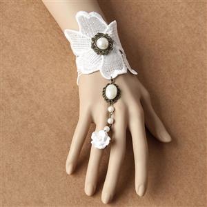 Vintage Style White Flower Embroidery Pearl Bracelet with Ring J18007