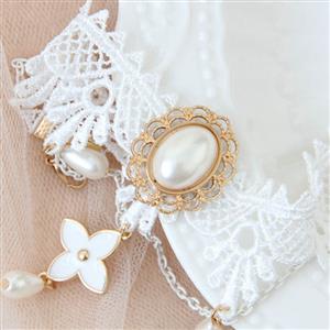 White Vintage Floral Lace Gem Wristband Metal Ring Bride Bracelet J17816