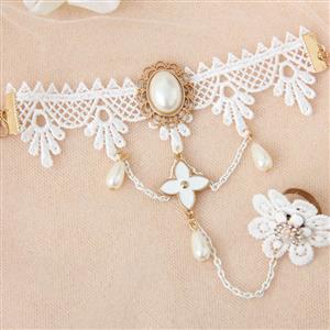 White Vintage Floral Lace Gem Wristband Metal Ring Bride Bracelet J17816