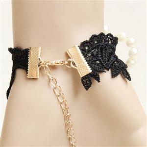 Black Vintage Lace Wristband Pearl Bracelet Metal Ring J17812