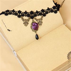 Punk Gothic Wedding Party Black Lace Purple Rose Bead Chain Pendant Necklace Choker J12012