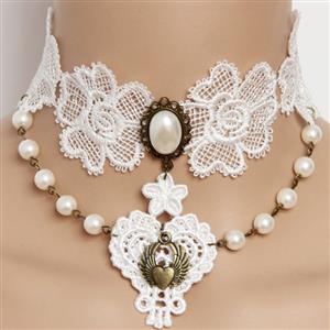 Vintage Gothic Victorian White Lace Pearl Wedding Party Necklace J12038