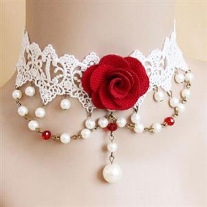 Gothic Victorian Wedding Party White Lace Rose Pearl Choker Necklace J12059