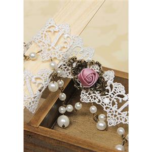 Victorian White Lace Tassel Pearl Wedding Party Princess Choker Necklace J12108