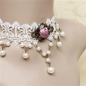 Victorian White Lace Tassel Pearl Wedding Party Princess Choker Necklace J12108