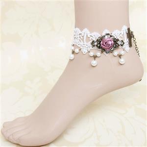 Vintage Court Rose White Lace Anklet Vintage Pearl Foot Anklet Chain J12110