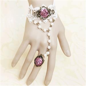 Gothic Lolita Court Retro White Lace Wedding Slave Bracelet with Ring J12111