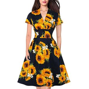 Short Sleeve Dress, Vintage Dress for Women, Fashion Dresses for Women Cocktail Party,Casual Swing Dress, Deep V-neck Swing Dress, 50s Vintage Dresses, Sunflower Pattern Dress,#N19978