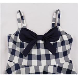 1950s Vintage Checkered Sweetheart and Bowknot Bodice Straps Summer Party Swing Dress N22249