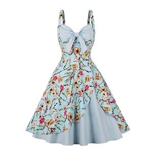 1950s Vintage Sweetheart and Bowknot Bodice Floral Print Straps Cocktail Swing Dress N22050