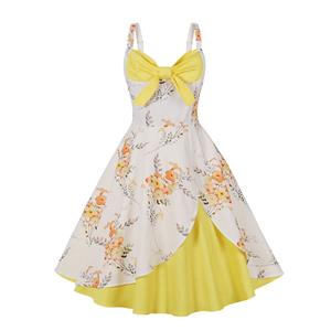 1950s Vintage Sweetheart and Bowknot Bodice Floral Print Straps Cocktail Swing Dress N22242