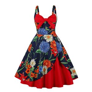 1950s Retro Sweetheart and Bowknot Bodice Floral Print Straps Cocktail Party Swing Dress N22244