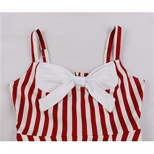 1950s Vintage Striped Sweetheart and Bowknot Bodice Straps Summer Party Swing Dress N22247